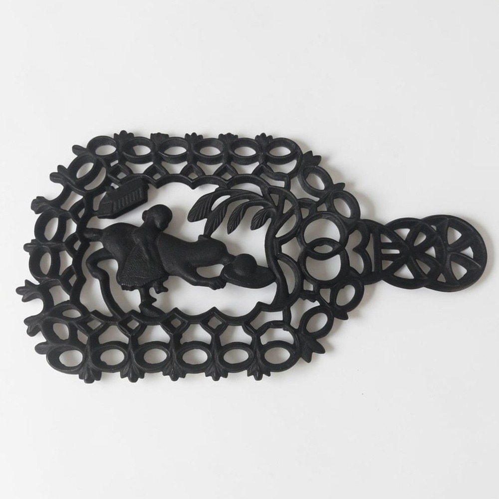 Virginia Metal-Crafter Cast‎ Iron Trivet, Girl Playing Ball With Dog Design, Vtg